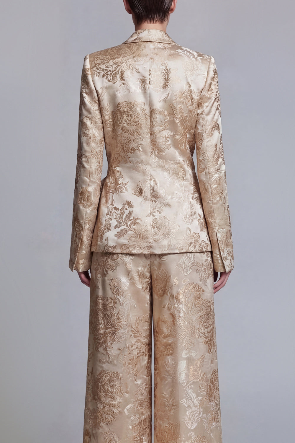 Costume de bal 2 pièces à revers châle et jambe large avec nœud papillon - Motif floral champagne