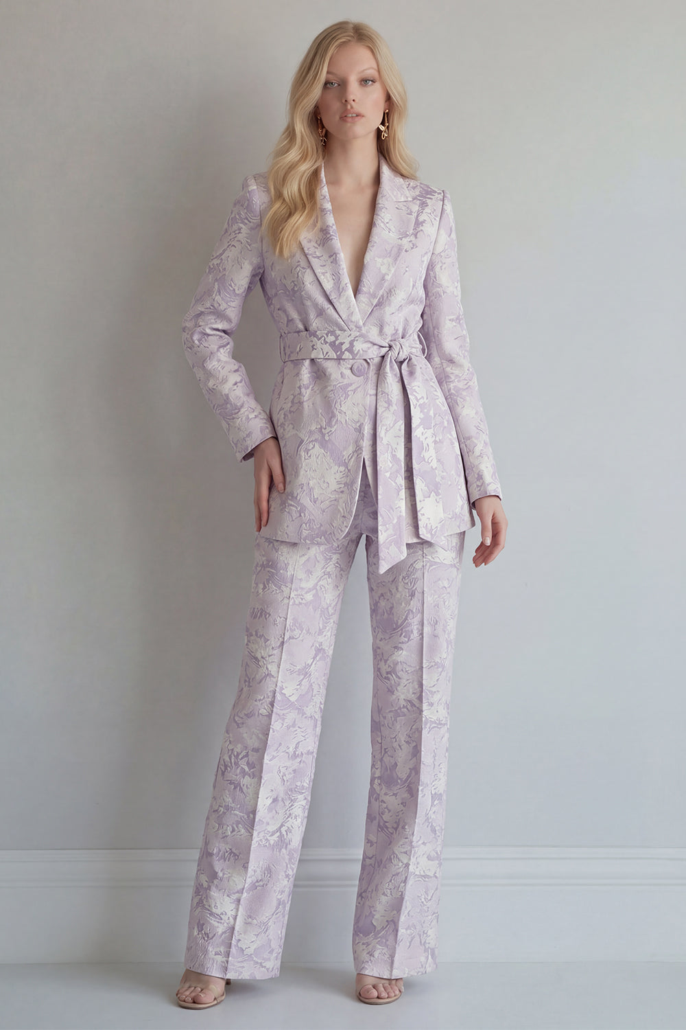 Lilac Floral Single Breasted 2 Piece Peak Lapel Wide Leg Prom Suits with Belt