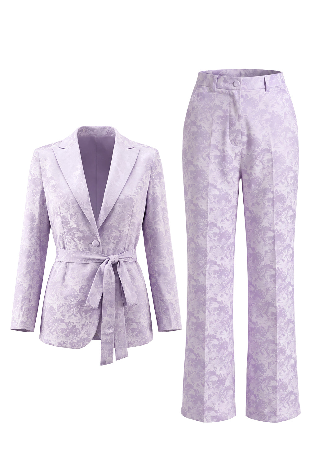 Lilac Floral Single Breasted 2 Piece Peak Lapel Wide Leg Prom Suits with Belt