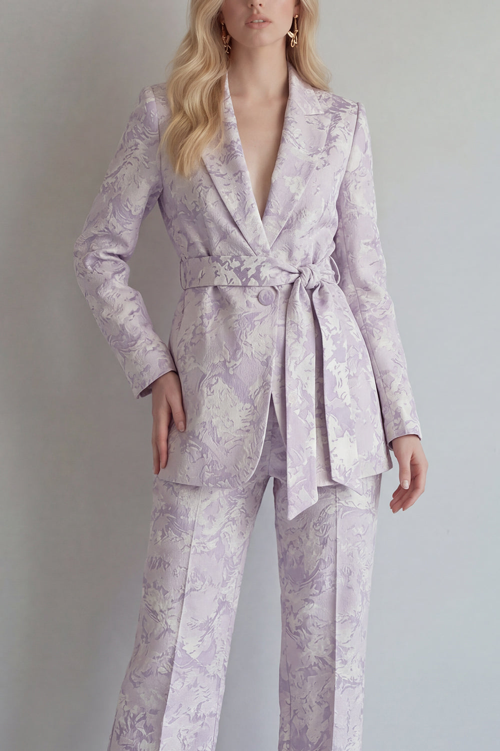 Lilac Floral Single Breasted 2 Piece Peak Lapel Wide Leg Prom Suits with Belt
