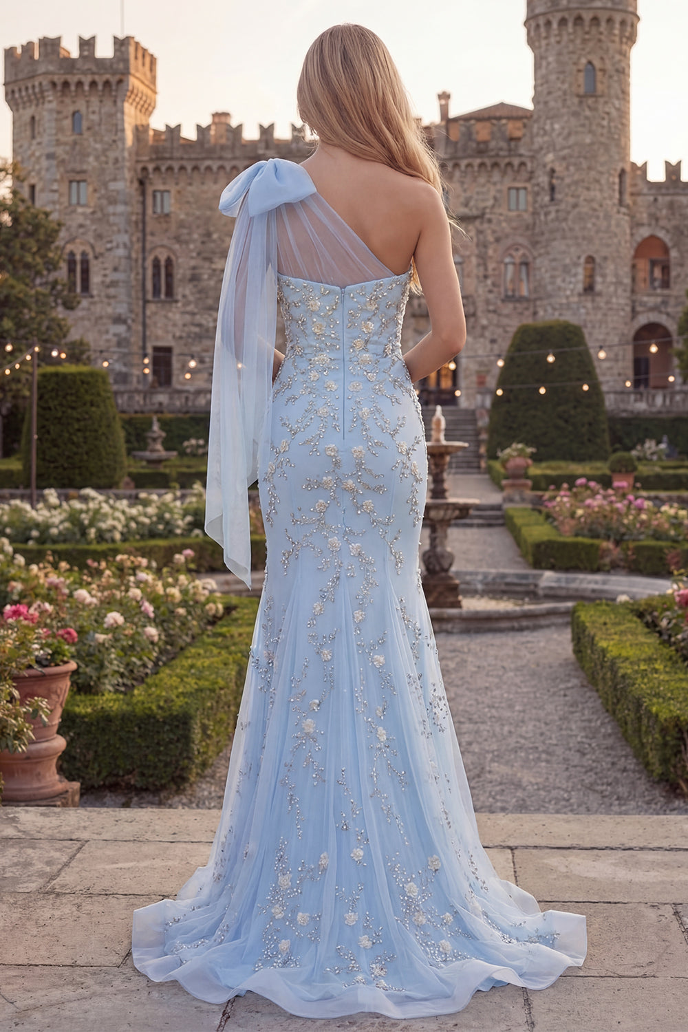 Sparkly Blue One-Shoulder Mermaid Appliquéd Beaded Tulle Prom Dress with Bow