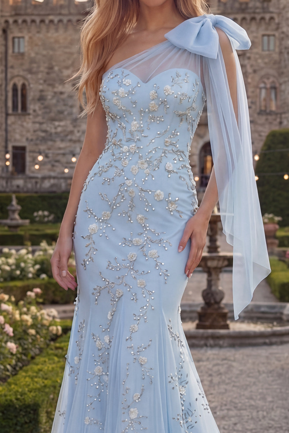 Sparkly Blue One-Shoulder Mermaid Appliquéd Beaded Tulle Prom Dress with Bow