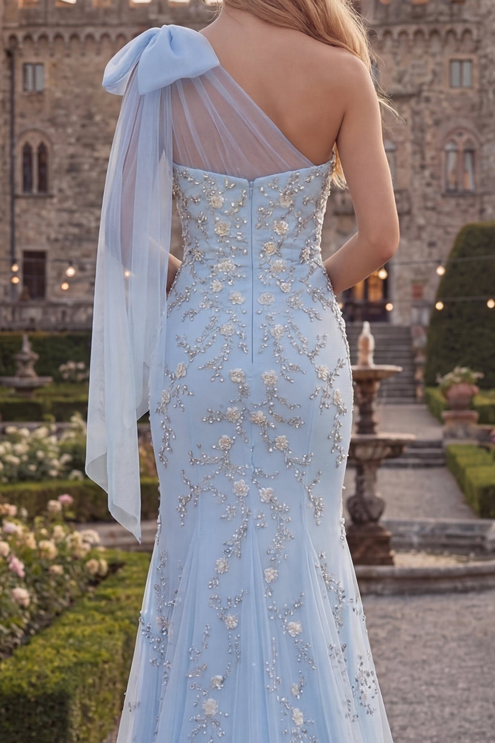 Sparkly Blue One-Shoulder Mermaid Appliquéd Beaded Tulle Prom Dress with Bow