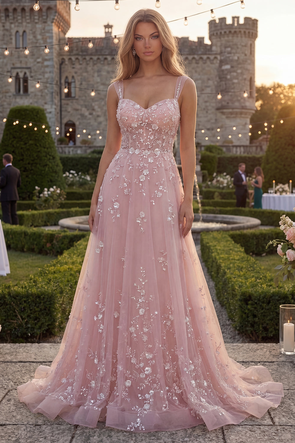 Robe longue de bal bleu étincelant avec bretelles spaghetti et ligne A, en tulle orné de perles et d'appliqués