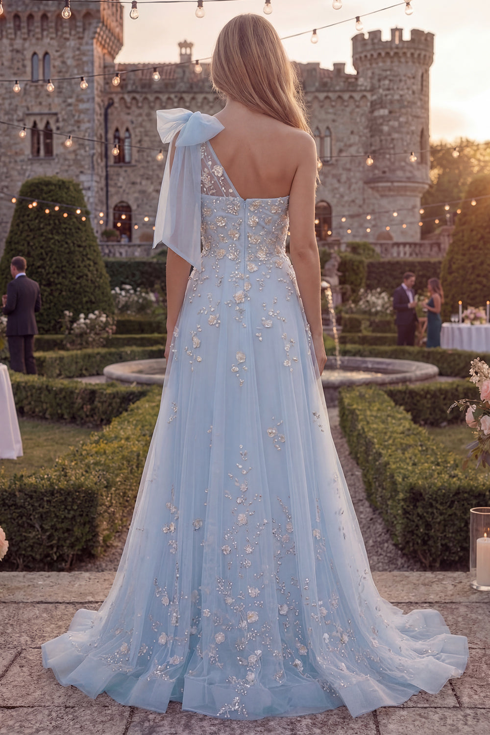 Sparkly Blue A-Line One Shoulder Bow Beaded Tulle Long Prom Dress with Appliques