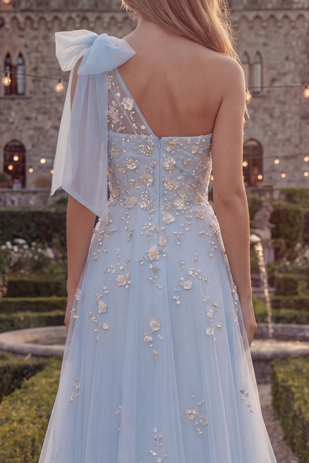 Sparkly Blue A-Line One Shoulder Bow Beaded Tulle Long Prom Dress with Appliques