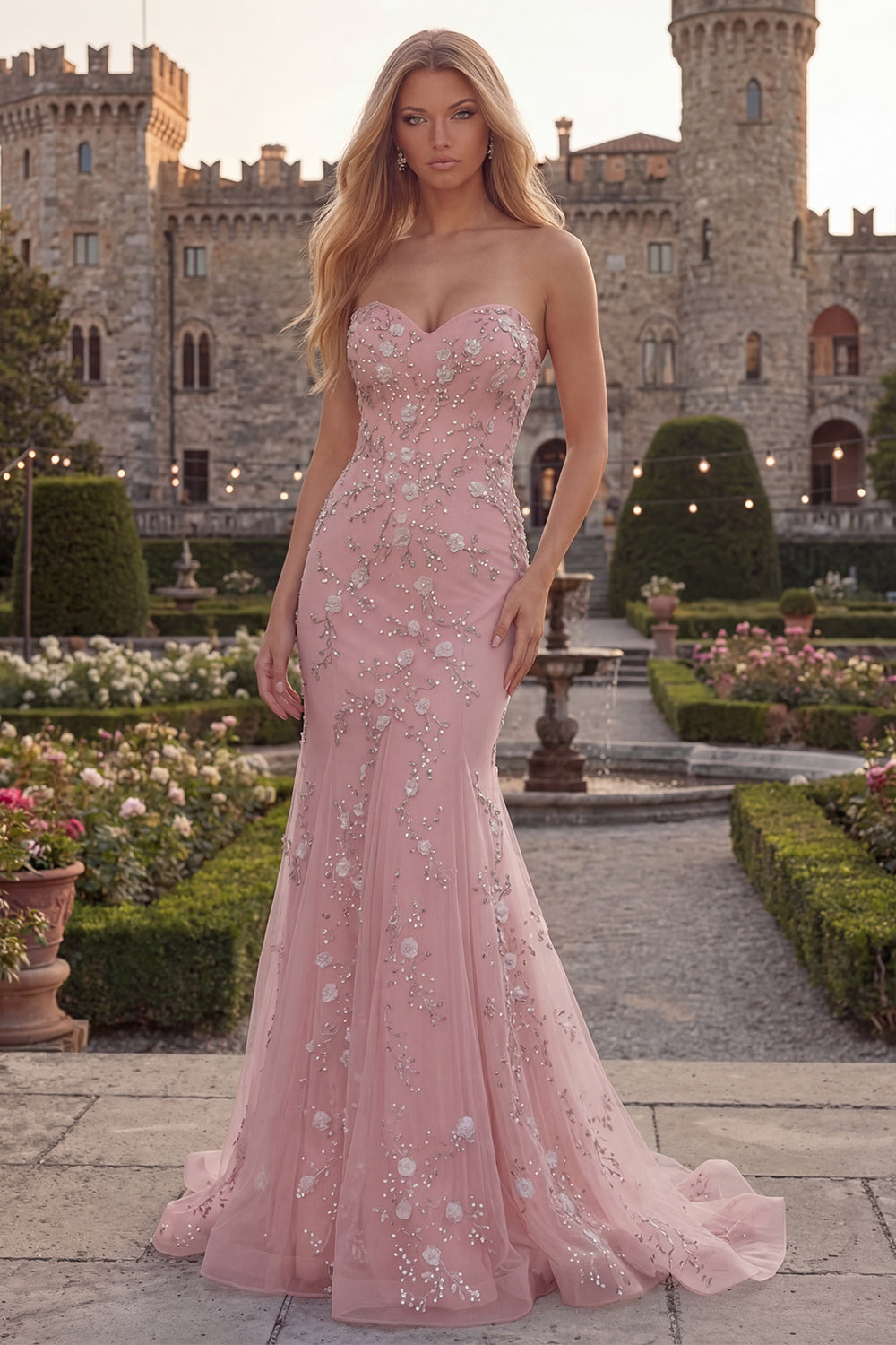 Robe de bal longue en tulle de sirène bleue scintillante avec décolleté en cœur et perles appliquées