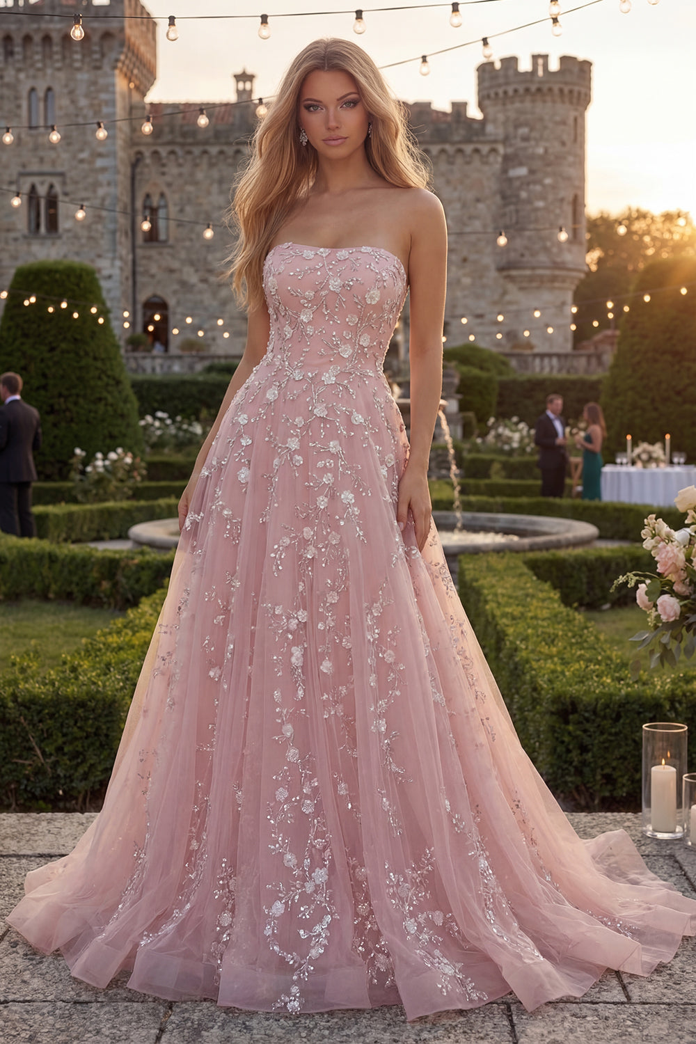 Robe de bal longue en tulle bleu scintillant, de forme trapèze et sans bretelles, ornée de perles et d'appliqués