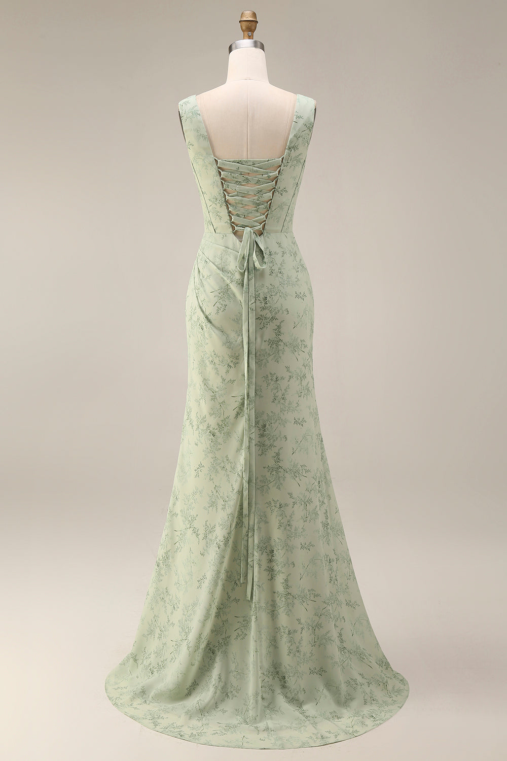 Dusty Sage Mermaid Floral Square Neck Long Prom Dress with Slit