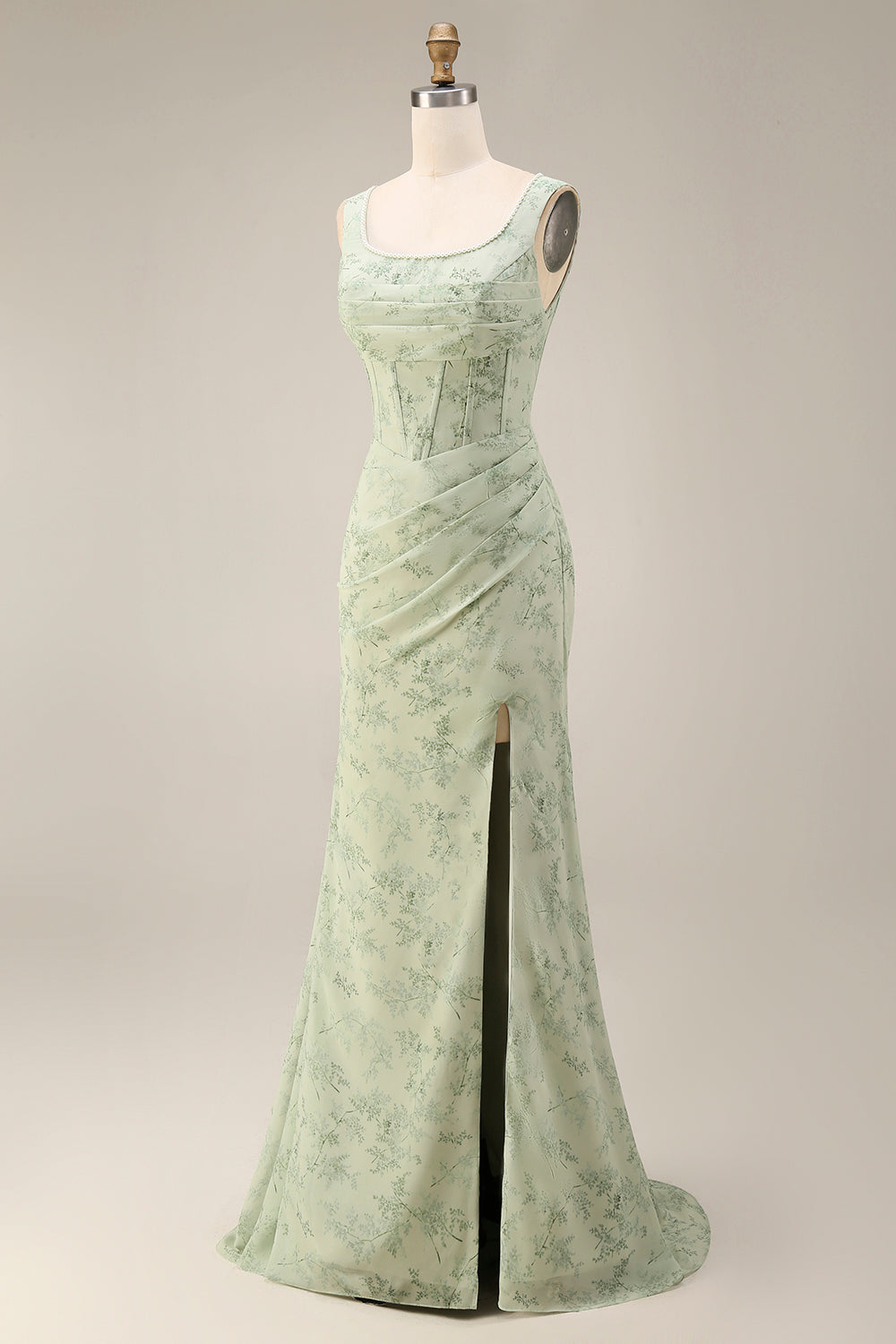 Dusty Sage Mermaid Floral Square Neck Long Prom Dress with Slit