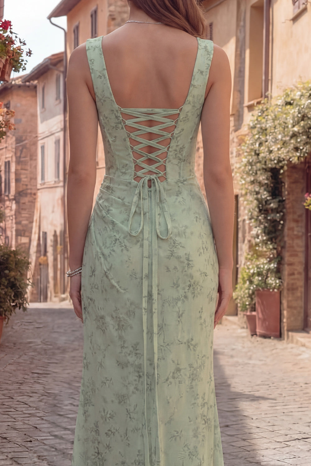 Dusty Sage Mermaid Floral Square Neck Long Prom Dress with Slit