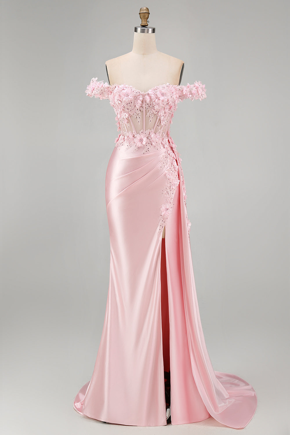 Robe de soirée longue sirène corset froncé florale rose avec cape latérale