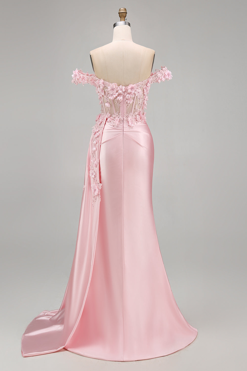 Robe de soirée longue sirène corset froncé florale rose avec cape latérale