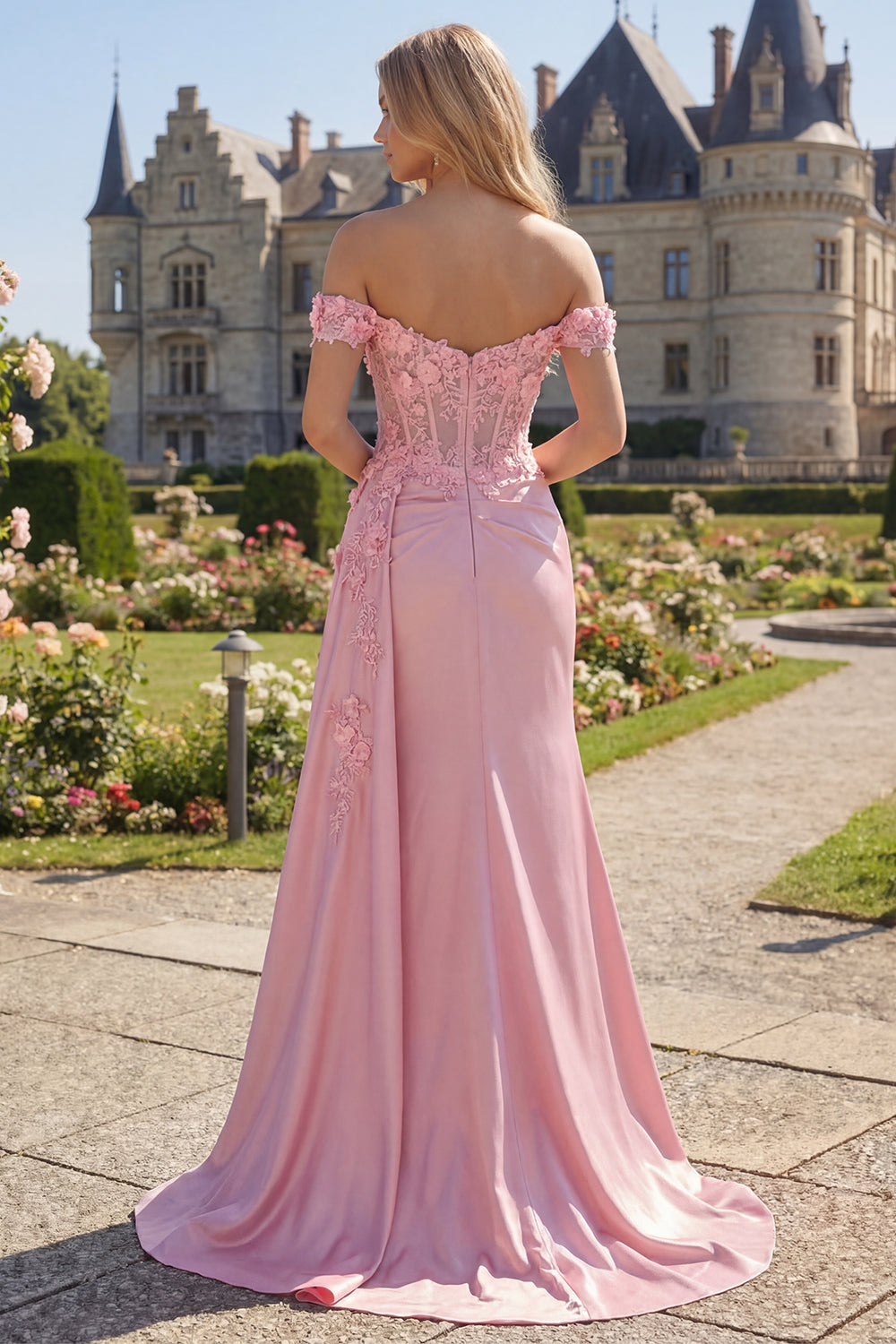 Robe de soirée longue sirène corset froncé florale rose avec cape latérale