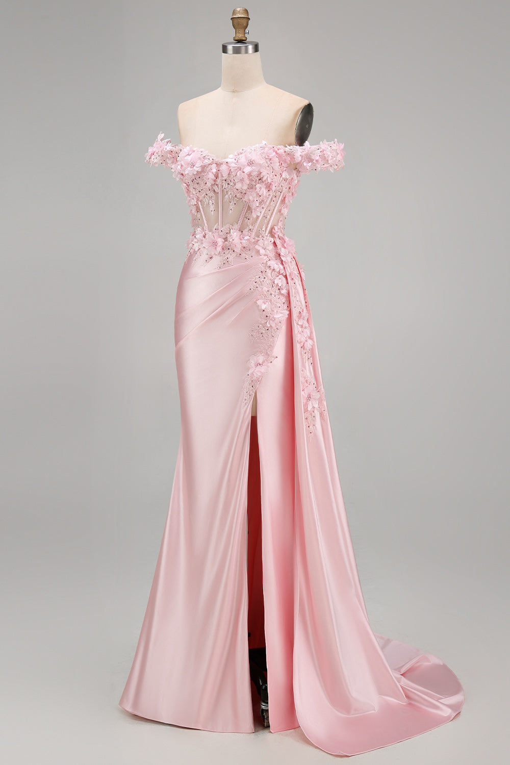 Robe de soirée longue sirène corset froncé florale rose avec cape latérale