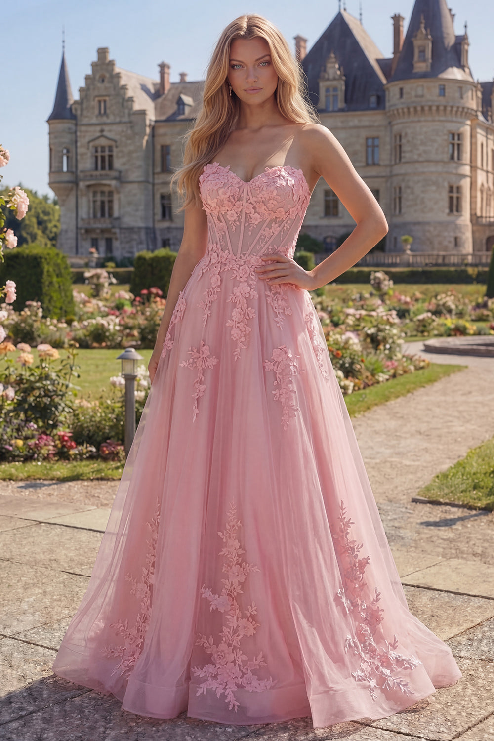 Sweetheart Pink Corset A-Line Long Prom Dress with Appliques