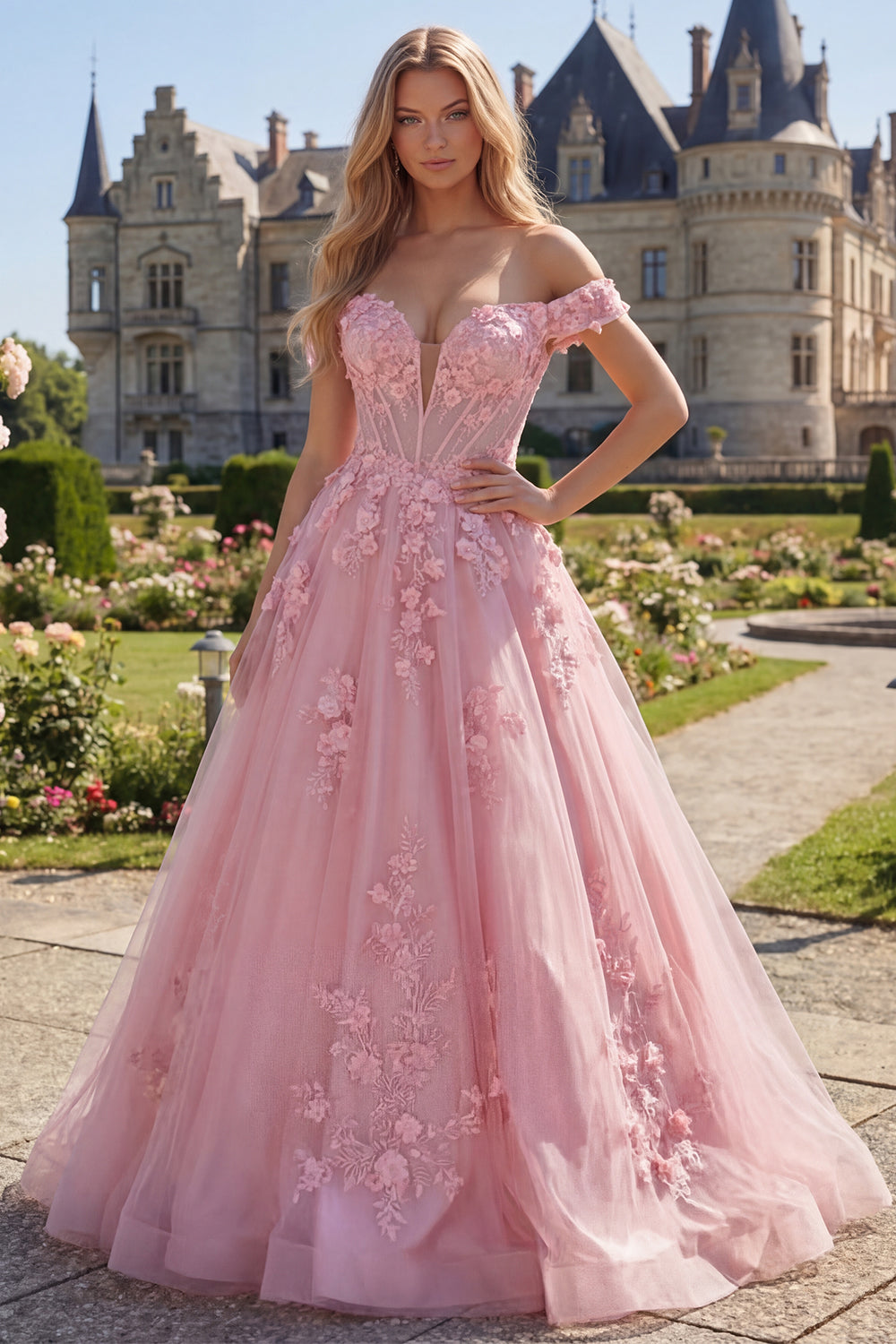 Robe de Bal Longue Rose Évasée à Corset, Épaules Dénudées et Fleurs 3D