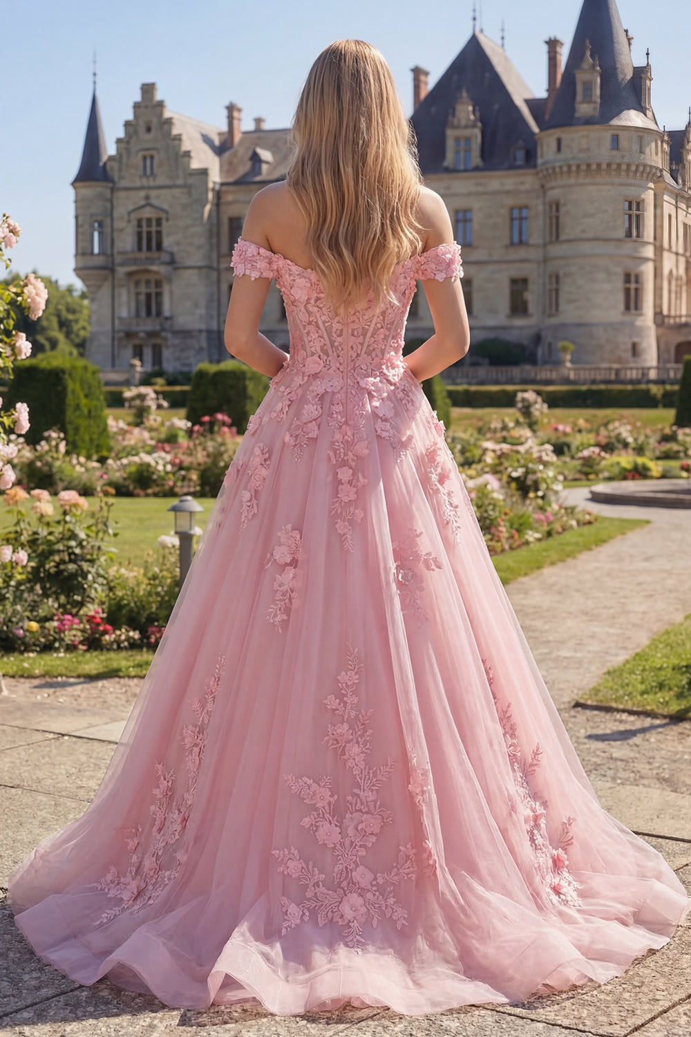 Robe de Bal Longue Rose Évasée à Corset, Épaules Dénudées et Fleurs 3D