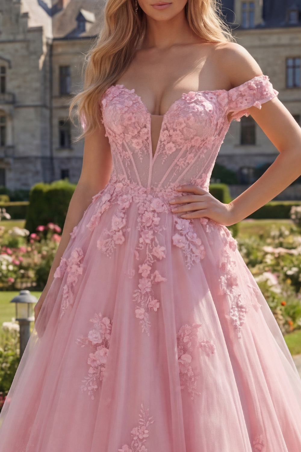 Robe de Bal Longue Rose Évasée à Corset, Épaules Dénudées et Fleurs 3D