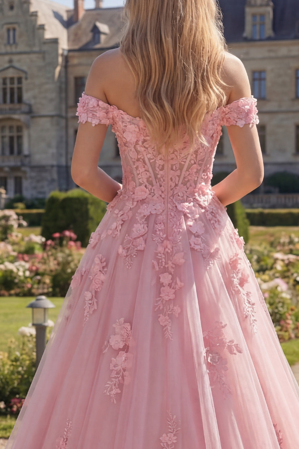 Robe de Bal Longue Rose Évasée à Corset, Épaules Dénudées et Fleurs 3D