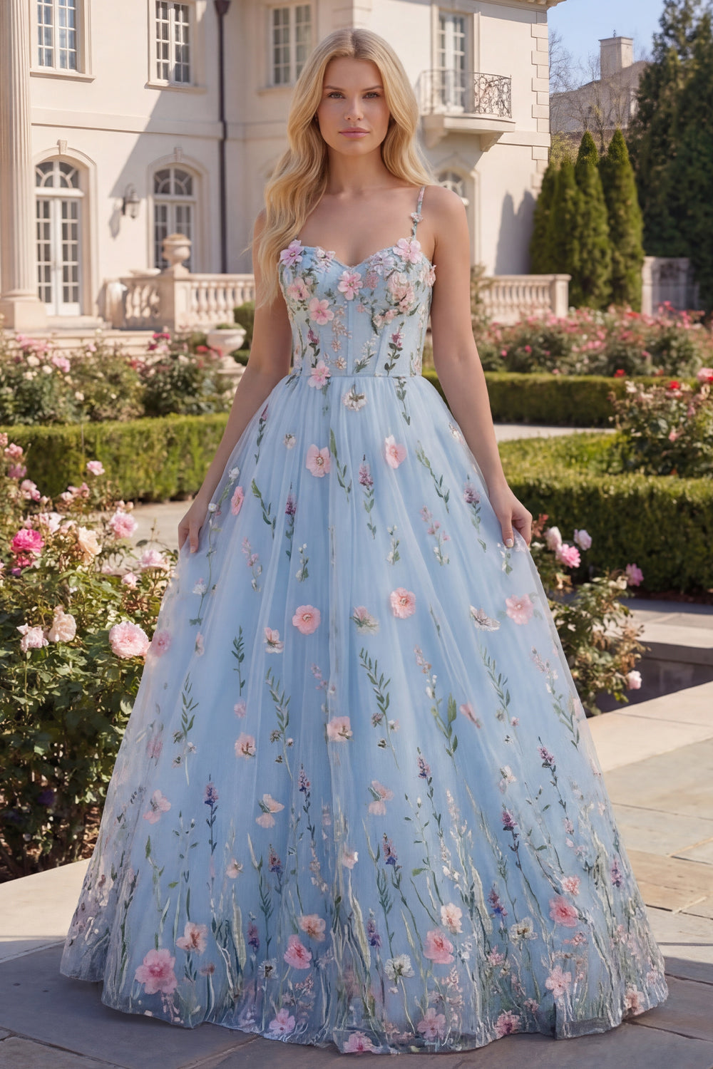 A-Line Blue Tulle Floral Corset Appliqued Long Prom Dress with 3D Flowers