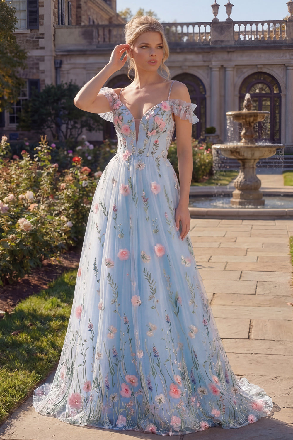 Tulle A-Line Blue Cold Shoulder Floral Corset Appliqued Long Prom Dress with 3D Flowers