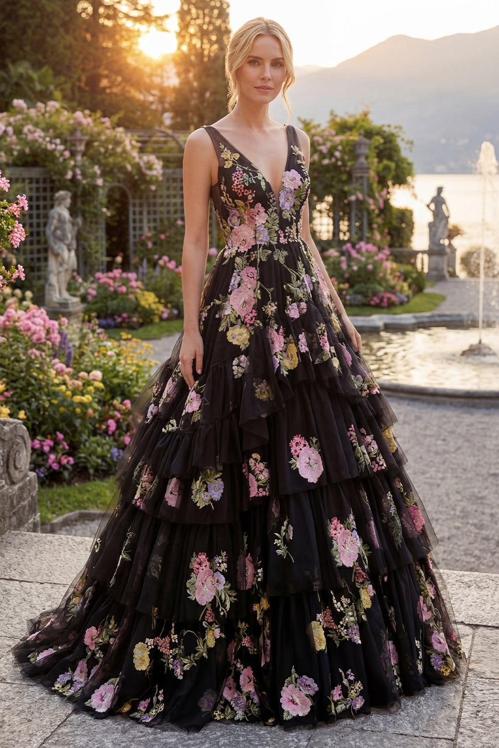 Black Pink Flower Tulle A-Line Floral V-Neck Tiered Embroidered Long Prom Dress