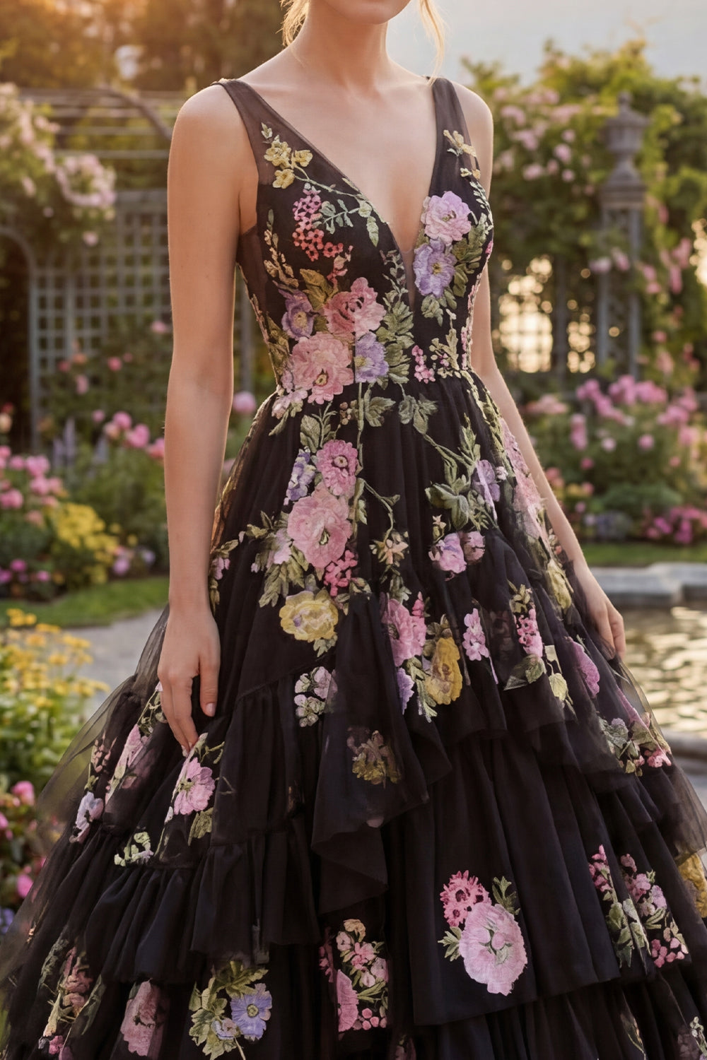 Black Pink Flower Tulle A-Line Floral V-Neck Tiered Embroidered Long Prom Dress