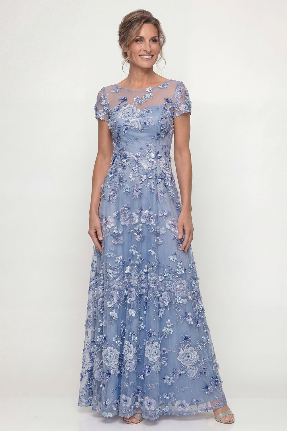Dusty Blue A-Line Short Sleeves Mother of the Bride Dress with Embroidery