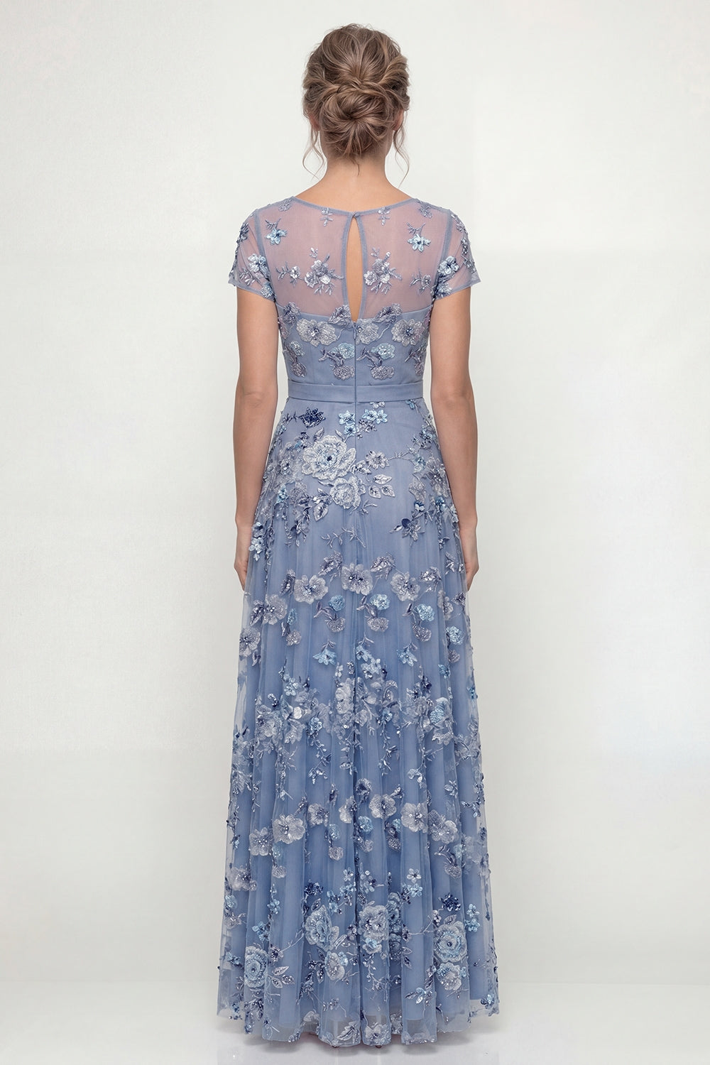 Dusty Blue A-Line Short Sleeves Mother of the Bride Dress with Embroidery