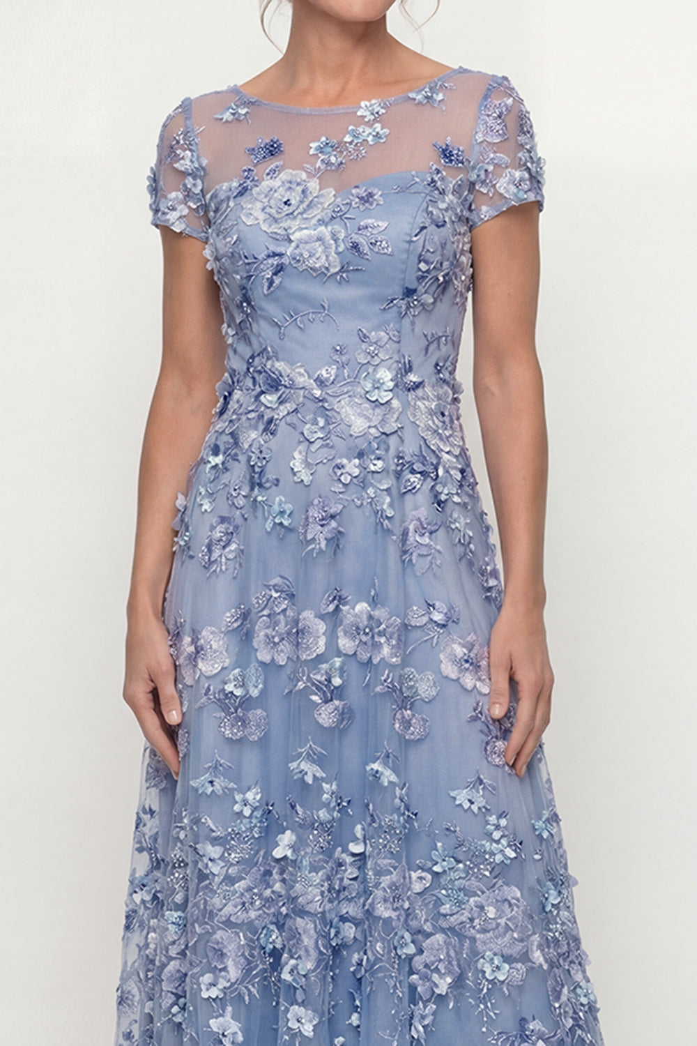 Dusty Blue A-Line Short Sleeves Mother of the Bride Dress with Embroidery