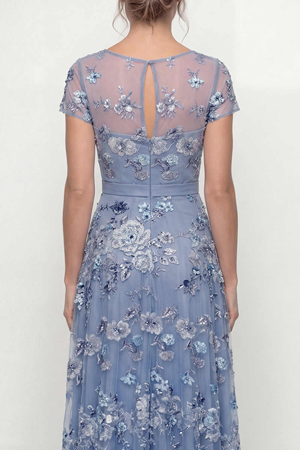 Dusty Blue A-Line Short Sleeves Mother of the Bride Dress with Embroidery
