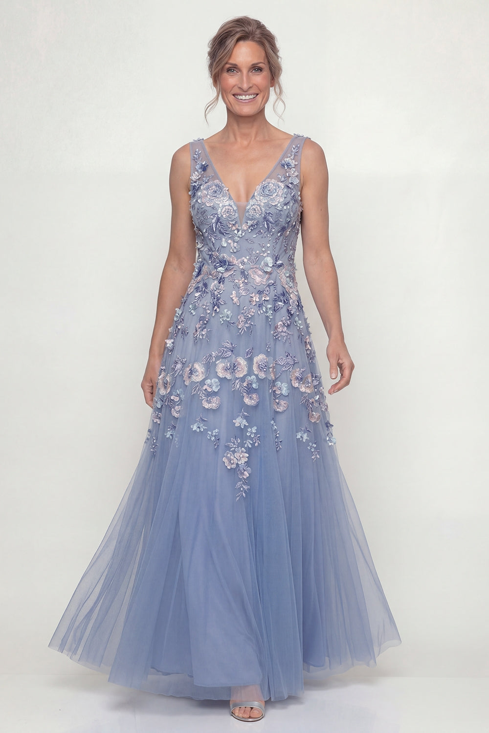 Dusty Blue A-Line Appliqued V-Neck Long Mother of the Bride Dress
