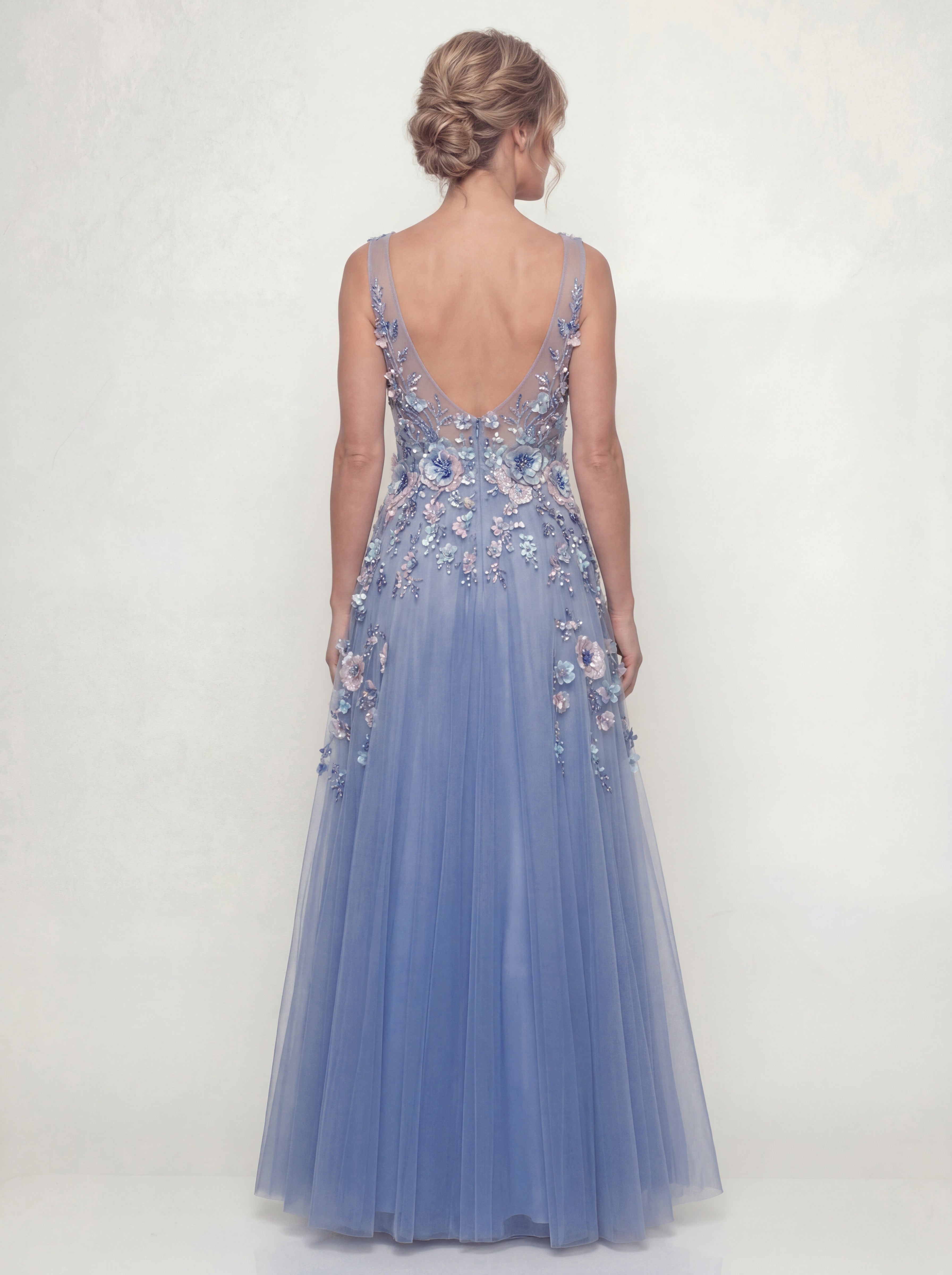 Dusty Blue A-Line Appliqued V-Neck Long Mother of the Bride Dress