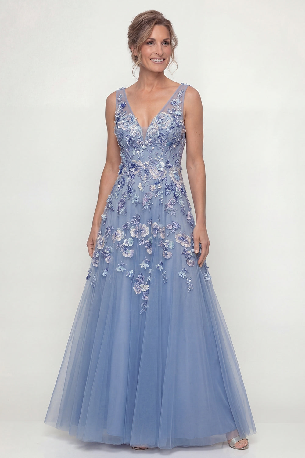 Dusty Blue A-Line Appliqued V-Neck Long Mother of the Bride Dress