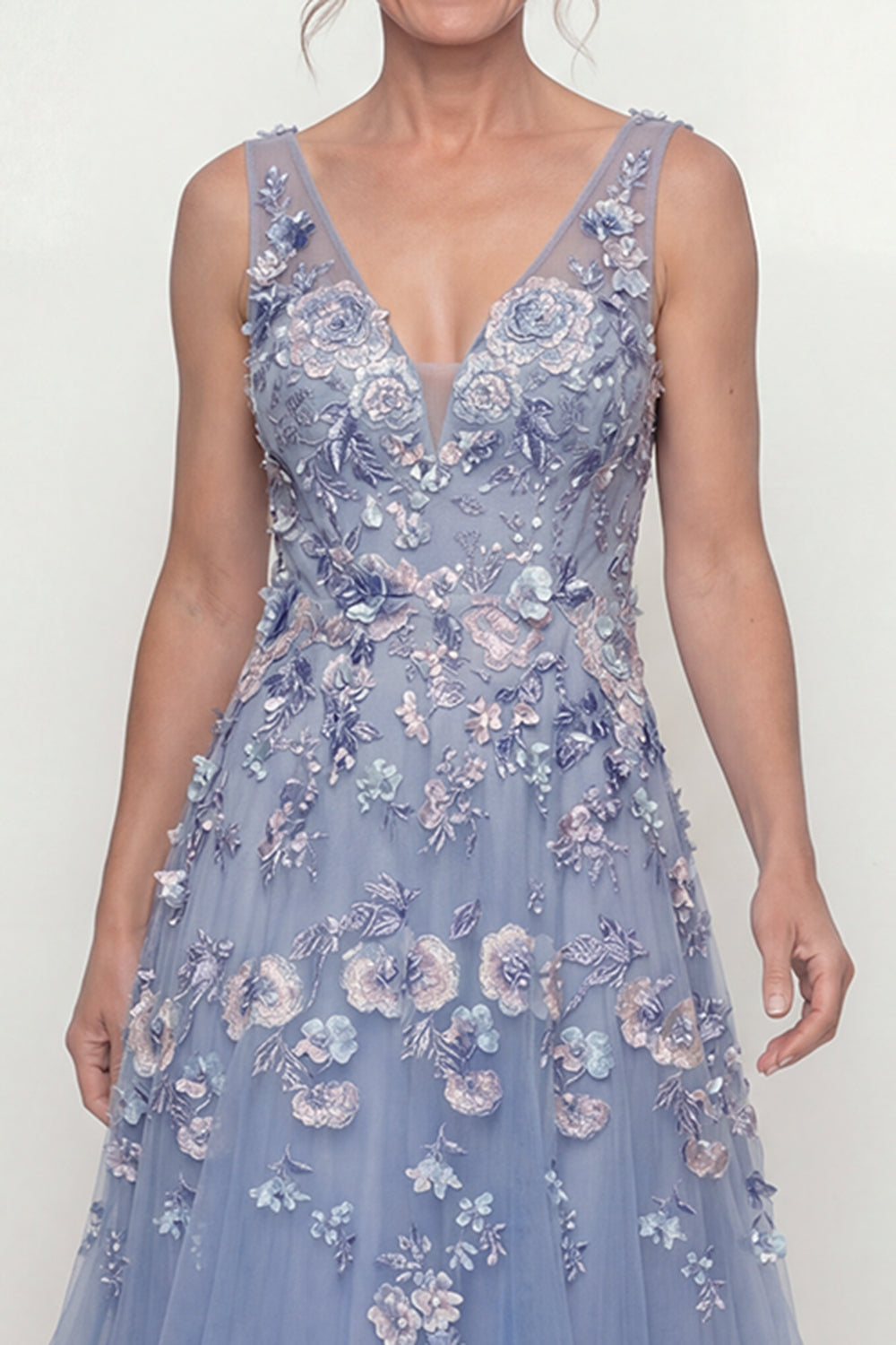 Dusty Blue A-Line Appliqued V-Neck Long Mother of the Bride Dress