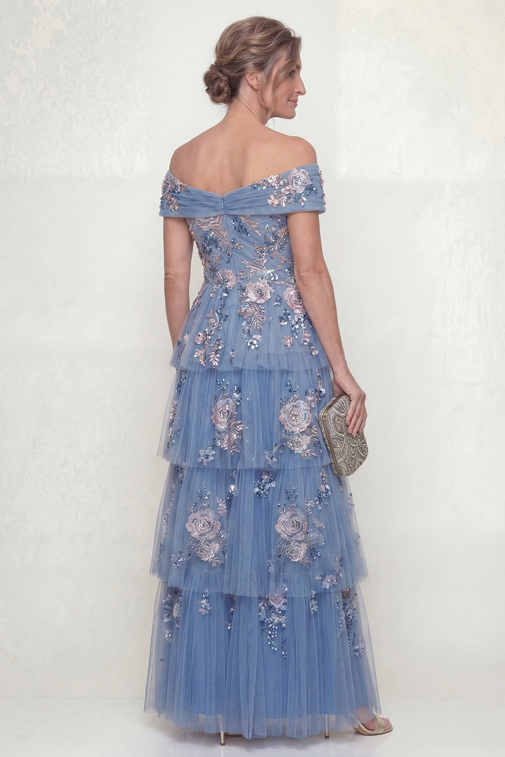 Off-the-Shoulder Dusty Blue Tiered A-Line Long Mother of the Bride Dress with Embroidery