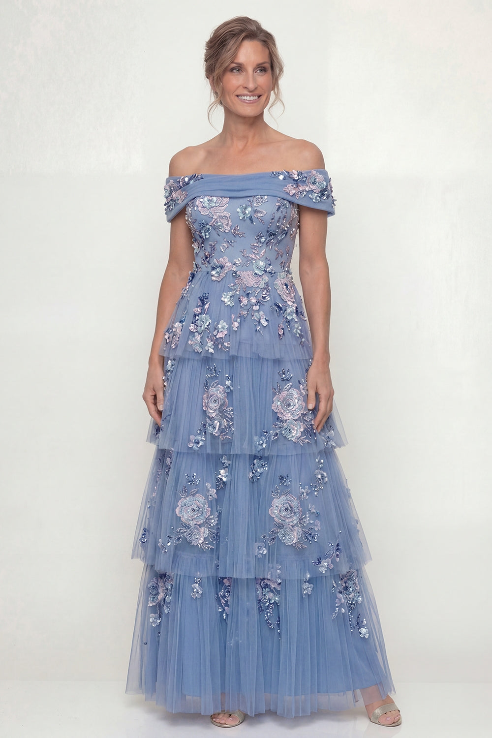 Off-the-Shoulder Dusty Blue Tiered A-Line Long Mother of the Bride Dress with Embroidery