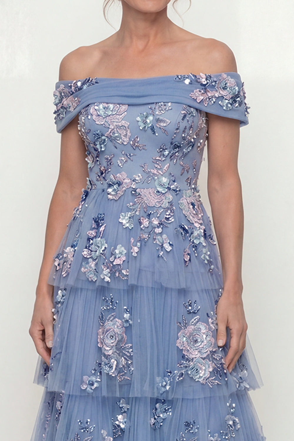 Off-the-Shoulder Dusty Blue Tiered A-Line Long Mother of the Bride Dress with Embroidery