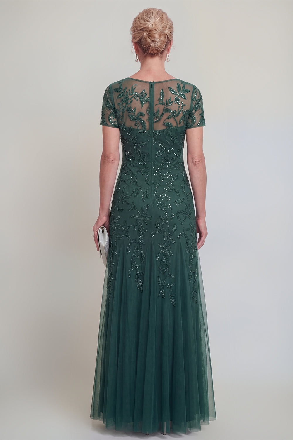 Robe de mère de la mariée vert foncé, ligne A, col rond, avec appliques