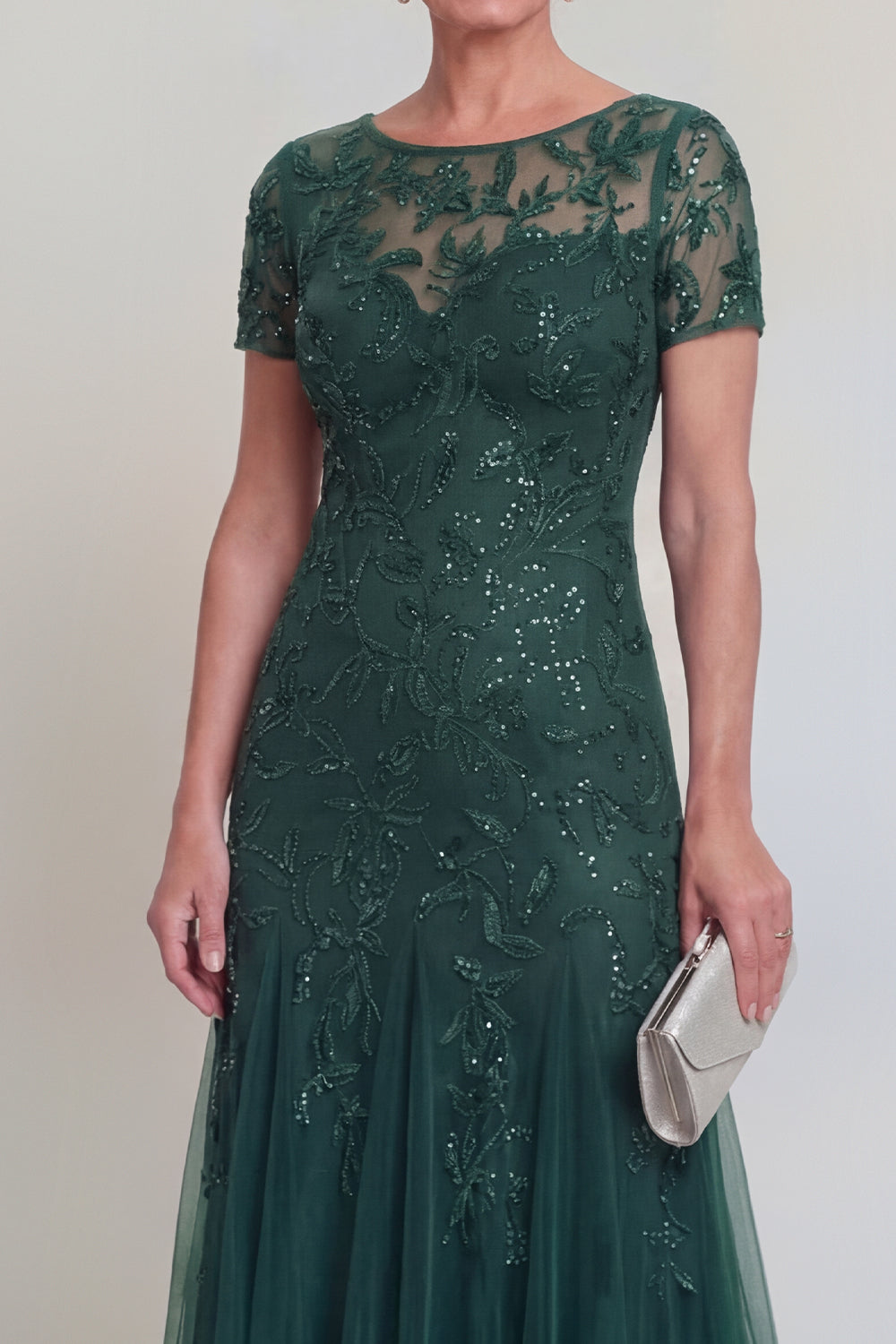 Robe de mère de la mariée vert foncé, ligne A, col rond, avec appliques