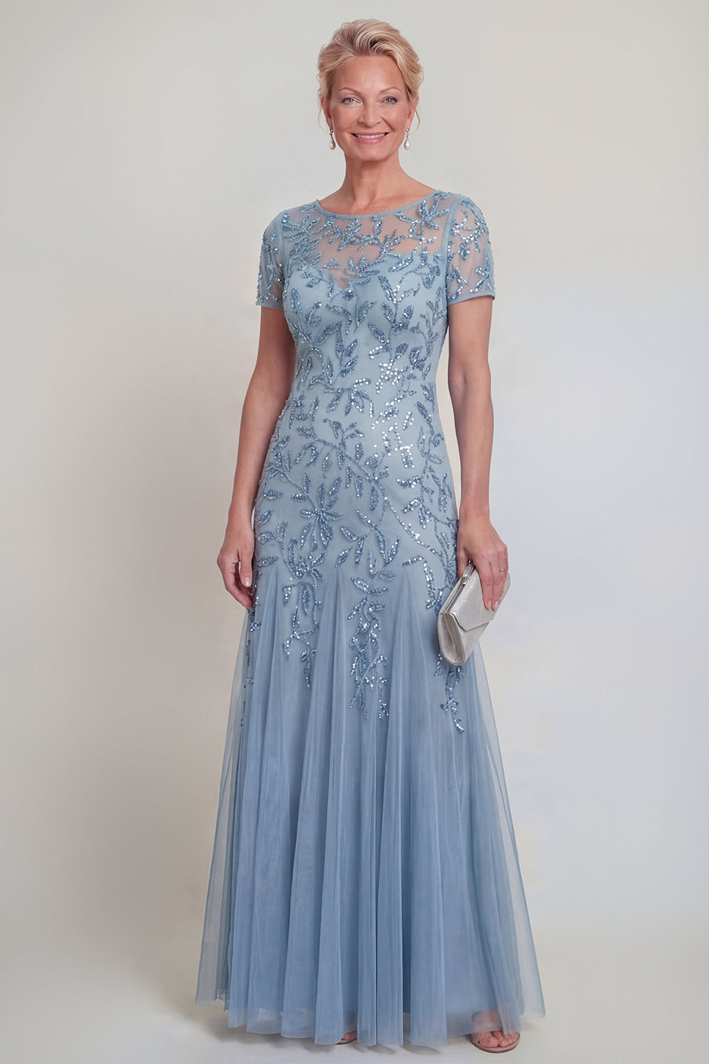 Robe de mère de la mariée vert foncé, ligne A, col rond, avec appliques