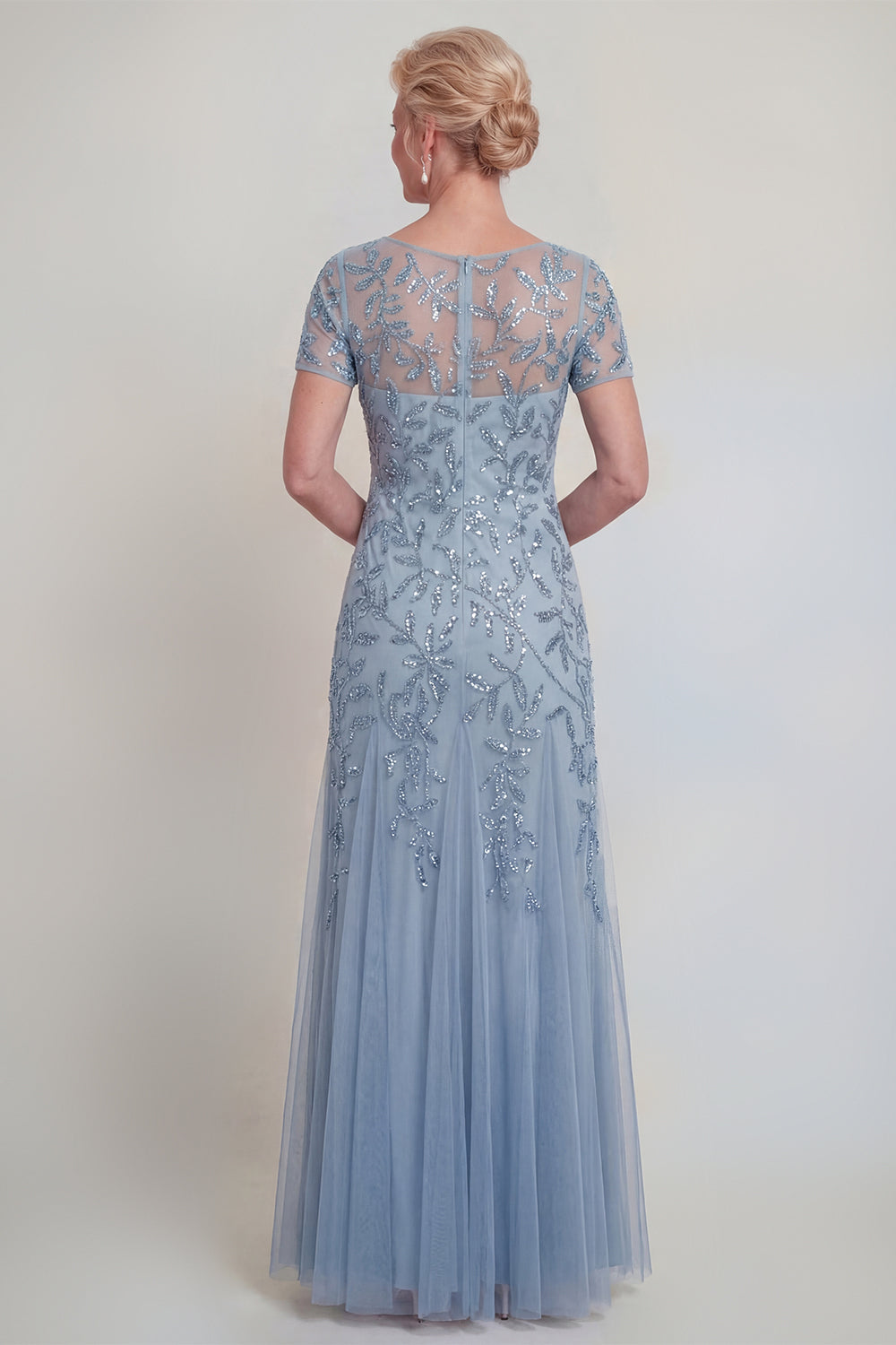 Robe de mère de la mariée vert foncé, ligne A, col rond, avec appliques