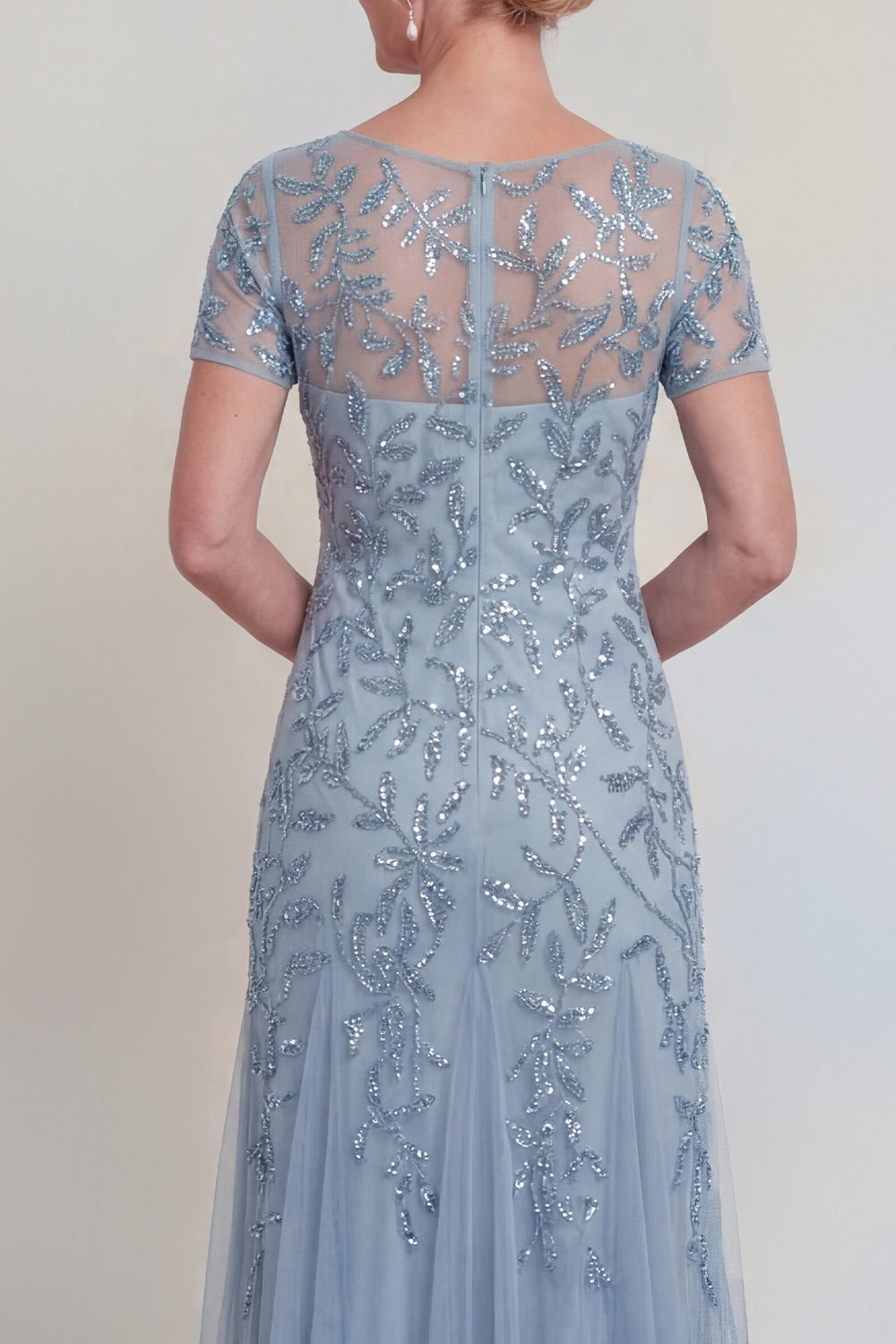 Robe de mère de la mariée vert foncé, ligne A, col rond, avec appliques