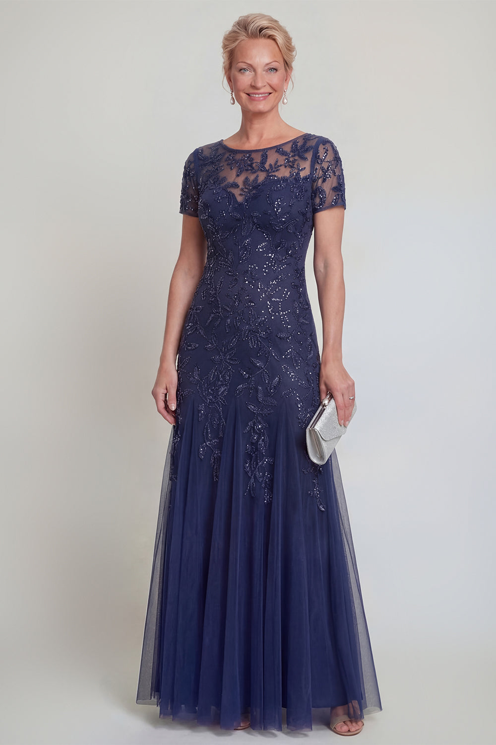Robe de mère de la mariée vert foncé, ligne A, col rond, avec appliques