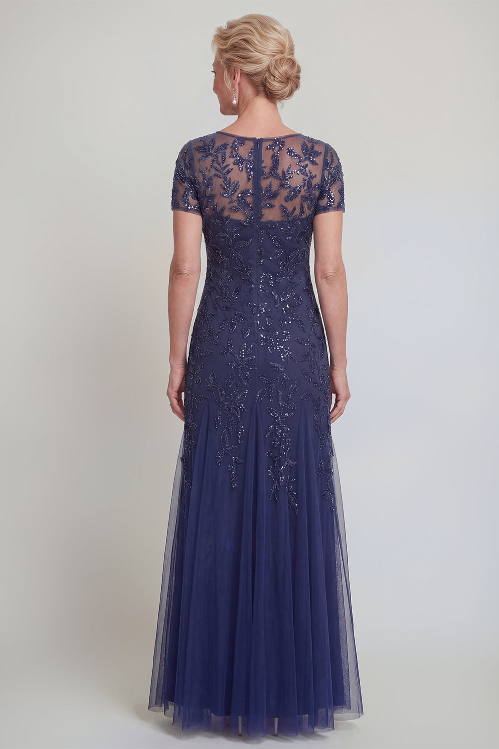 Robe de mère de la mariée vert foncé, ligne A, col rond, avec appliques