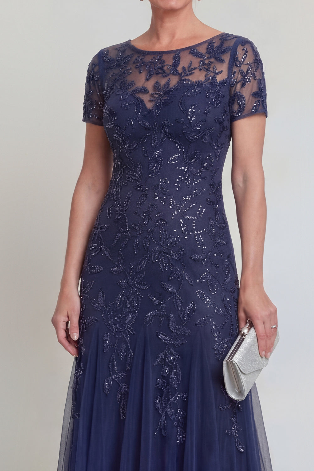 Robe de mère de la mariée vert foncé, ligne A, col rond, avec appliques