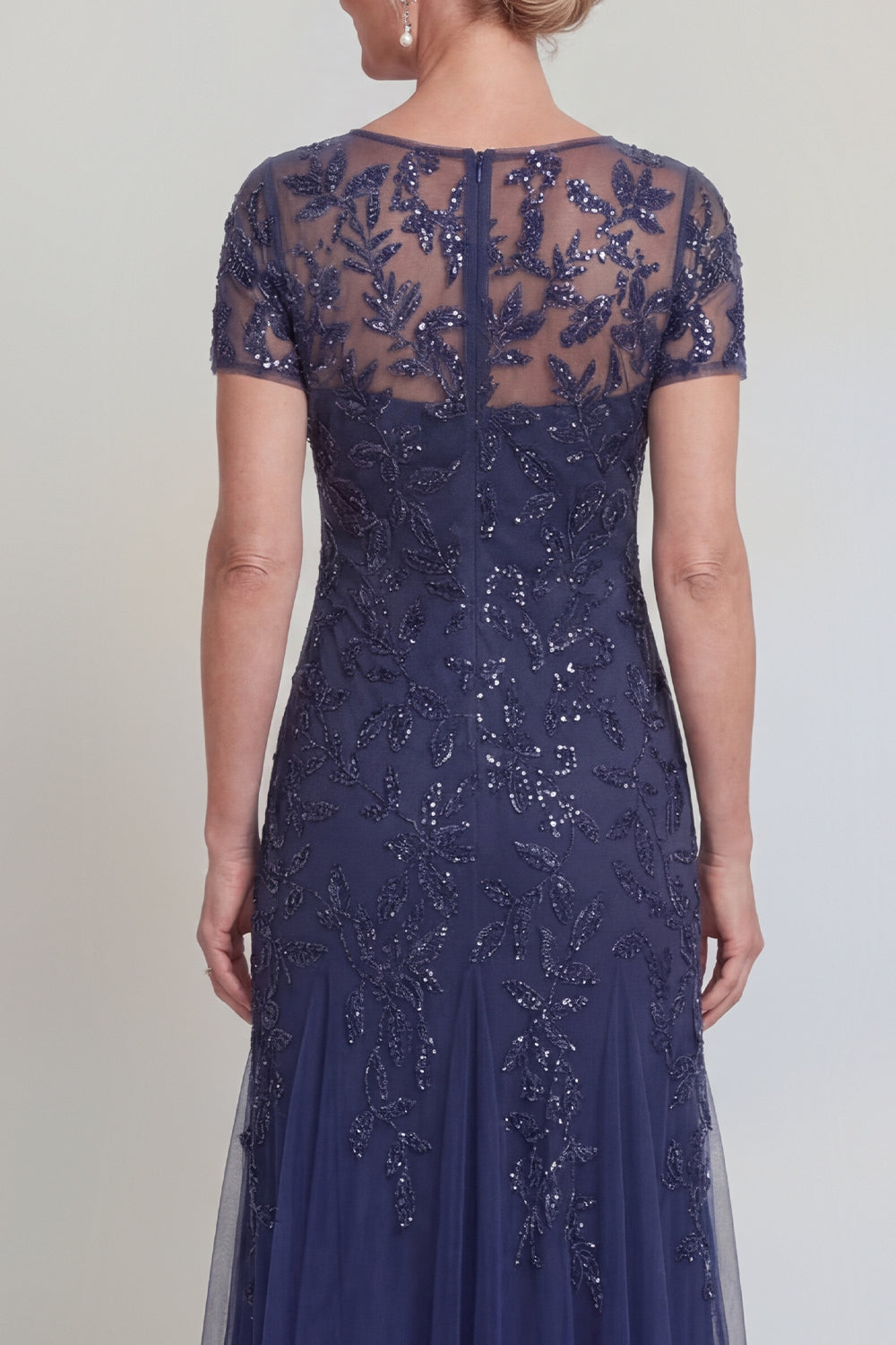 Robe de mère de la mariée vert foncé, ligne A, col rond, avec appliques