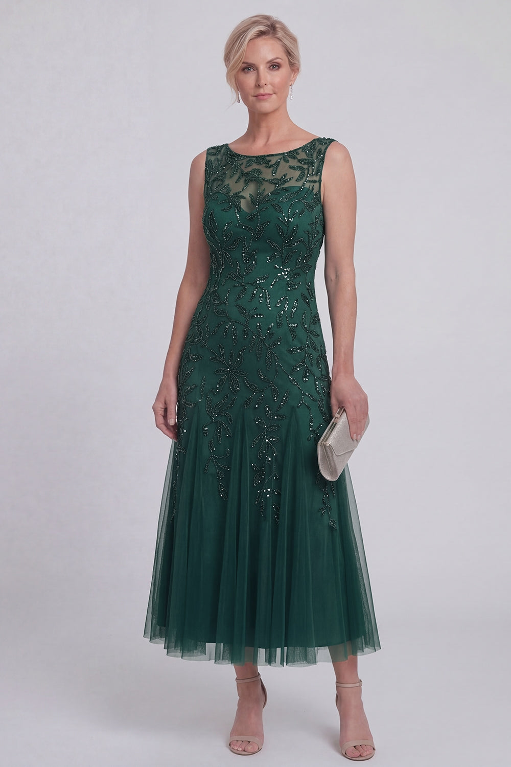 Dark Green Floral A-Line Beaded Boat Neck Long Mother of the Bride Dress