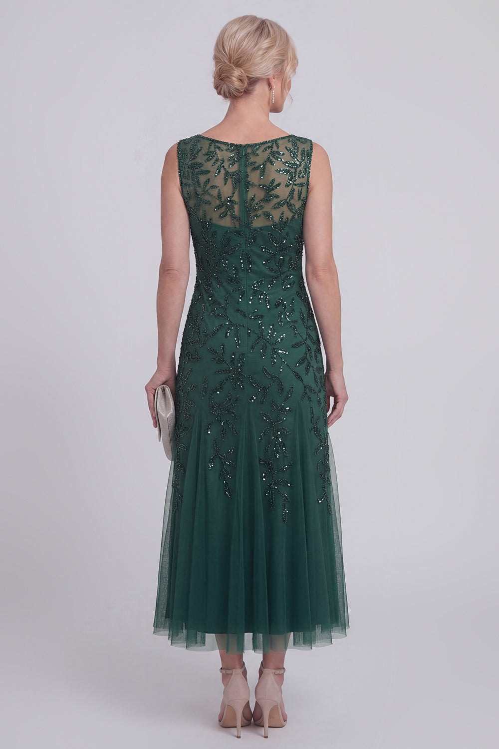 Dark Green Floral A-Line Beaded Boat Neck Long Mother of the Bride Dress